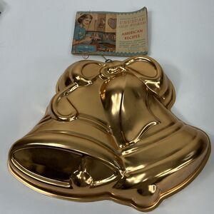 Vtg Nordic Ware Twin Bells Christmas Tin Jello Mold Copper With Recipe Booklet